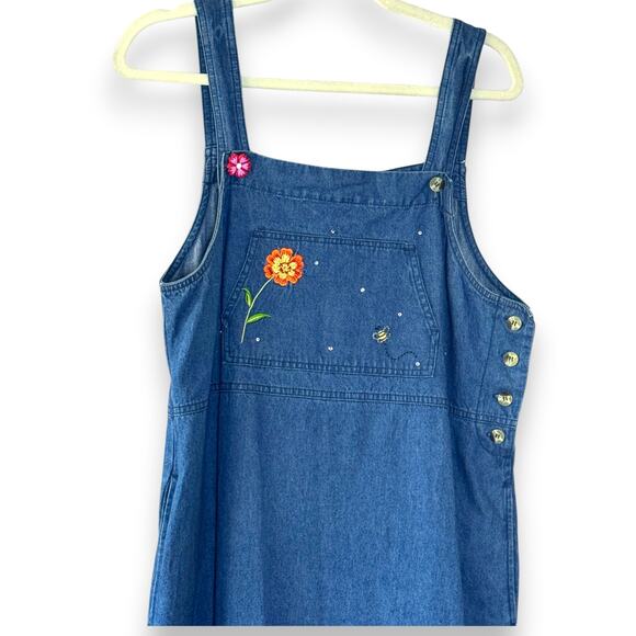 Vintage Quacker Factory Denim Jumper Dress Floral Embroidery Bee Size 12 Maxi - Picture 2 of 10
